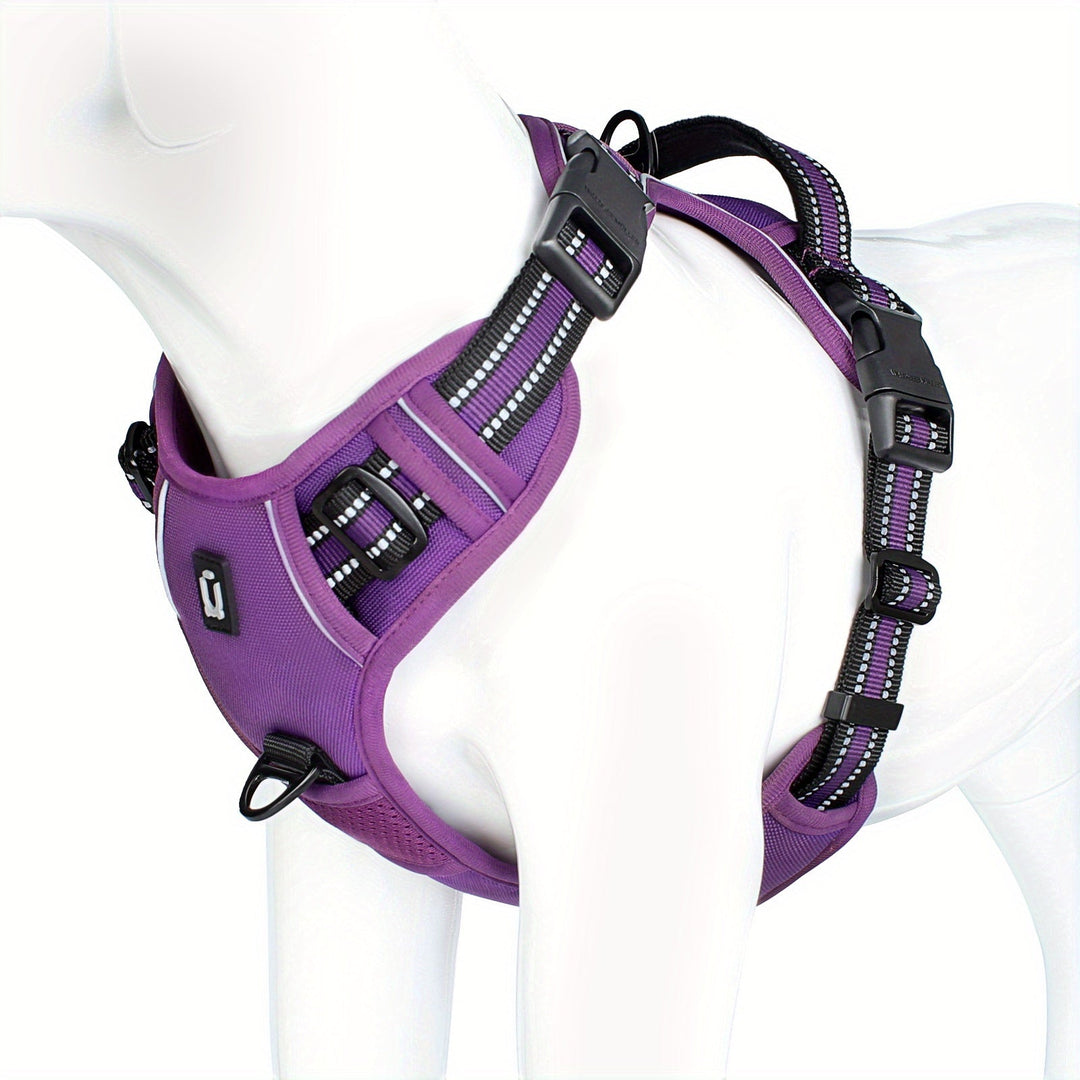 Adjustable reflective dog harness ensuring a perfect fit for all breeds.