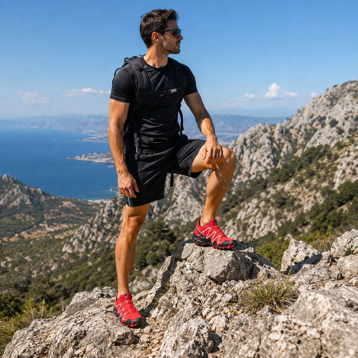 Water-resistant men's hiking shoes, black/grey, offering durable comfort & superior support for all-season trail walking.
