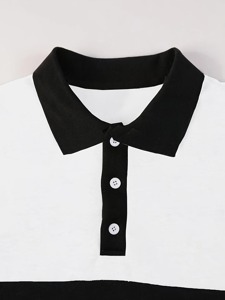Fashionable men's long sleeve polo, colour-block, casual wear, comfortable & stylish.