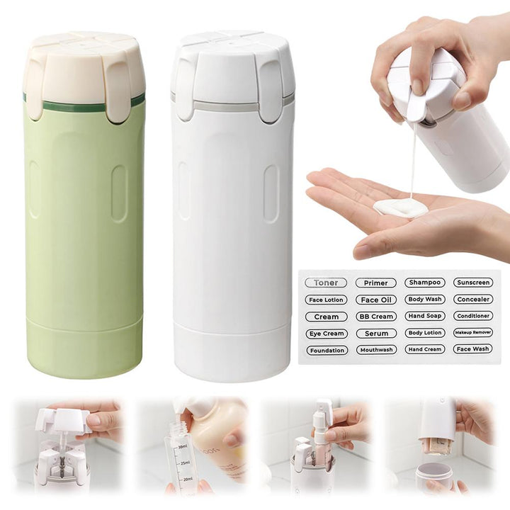 Unisex 4-in-1 travel dispenser bottle for toiletries, shampoo, lotion. Leak-proof & refillable portable organizer.