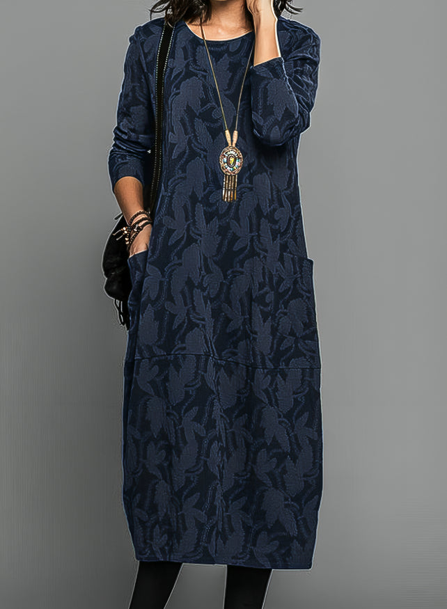 Sophisticated printed long-sleeve midi dress for women, an elegant winter dress for fall fashion and warmth.