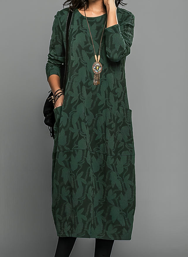 Elegant women's winter midi dress, long-sleeve & printed, perfect for sophisticated warmth & fall/cold weather occasions.