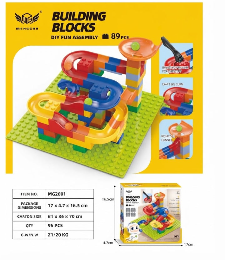 Colorful kids' marble run activity toy with building blocks, enhancing fine motor skills & imaginative play.