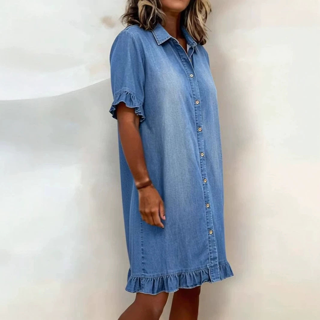 Faux denim shirt dress for women featuring elegant ruffles, a button-front, and a comfortable, casual fit.