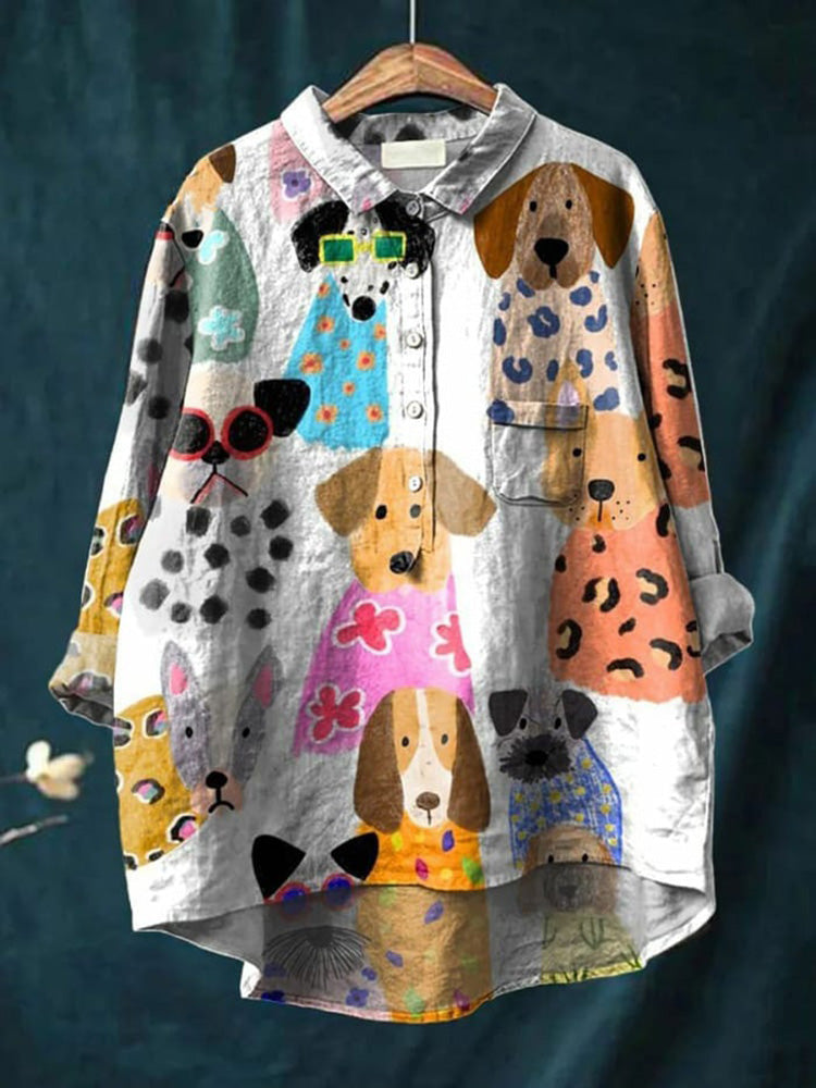 Expressive men's long sleeve shirt with a fun, unique dog and cat art print for pet lovers.