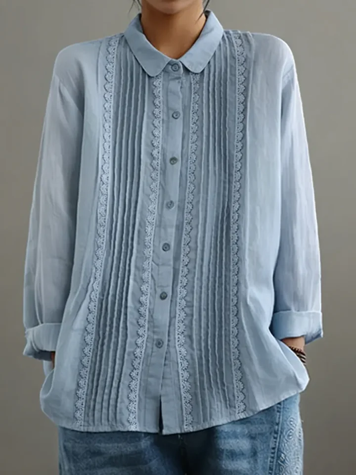 Women's Pintuck Lace Detail Button-Up Blouse