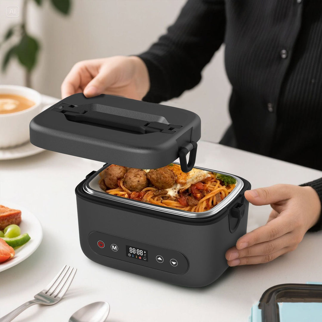 Portable electric heating lunch box for hot meals on-the-go. Ideal for office, travel, or school.