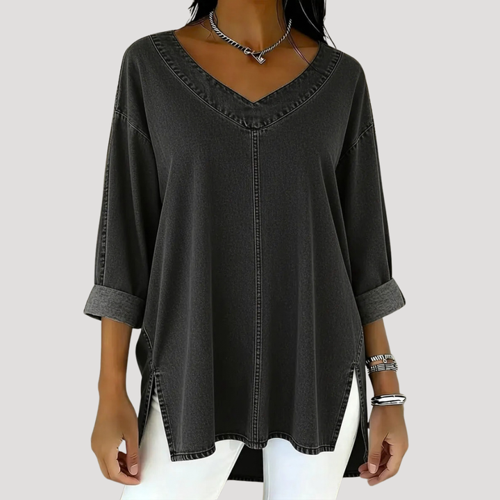Relaxed fit V-neck long tunic top for women, offering effortless style & comfortable wear. Ideal for casual fashion.
