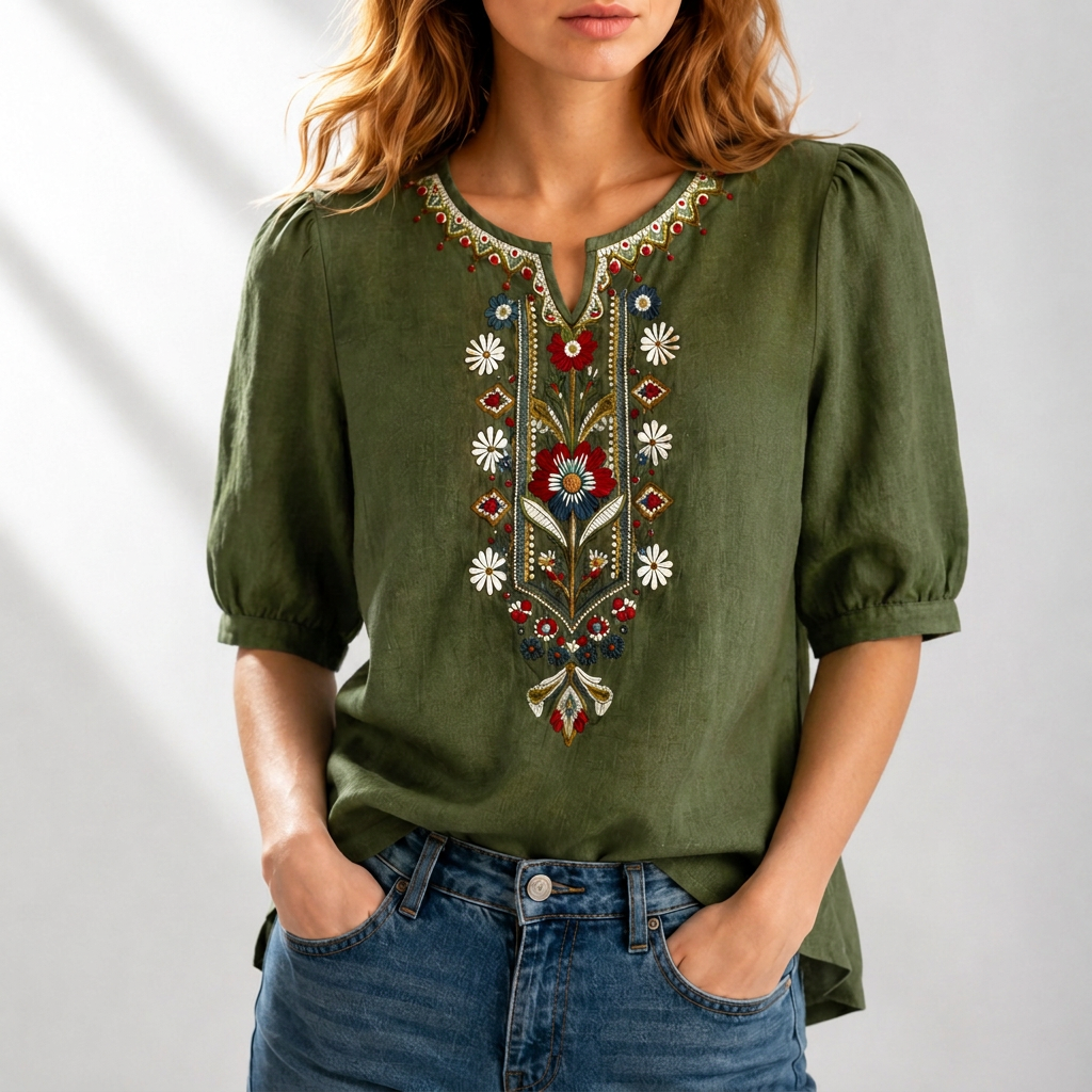 Delicate floral embroidered women's blouse. Elegant, boho style for comfortable spring & summer fashion.