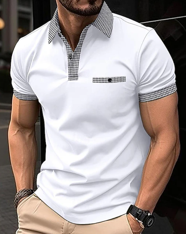 Men's fashion polo with a timeless checkered collar, ideal for versatile smart-casual outfits and classic menswear.