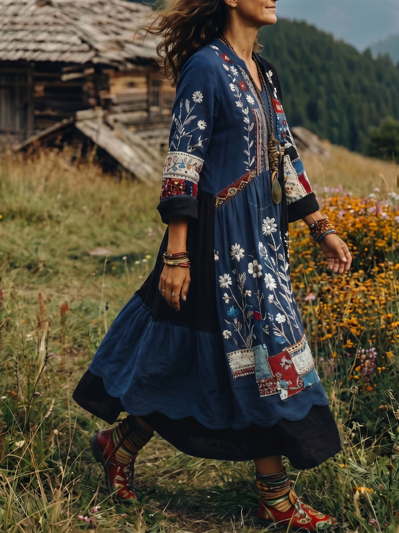 Casual yet elegant midi dress for everyday wear, featuring embroidered panels & long sleeves. Beautiful flowy design.