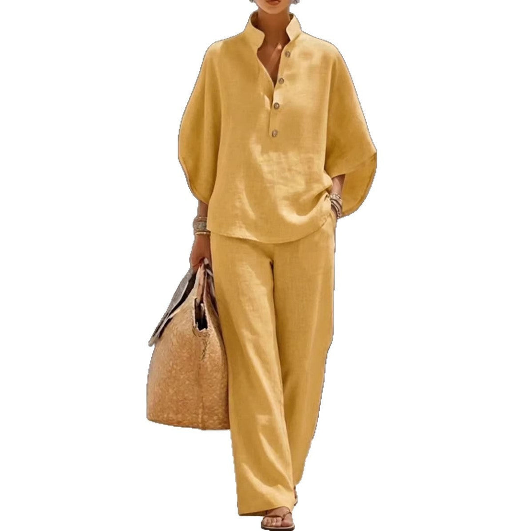 Stylish women's spring fashion two piece set with short sleeves & straight leg pants for casual wear.