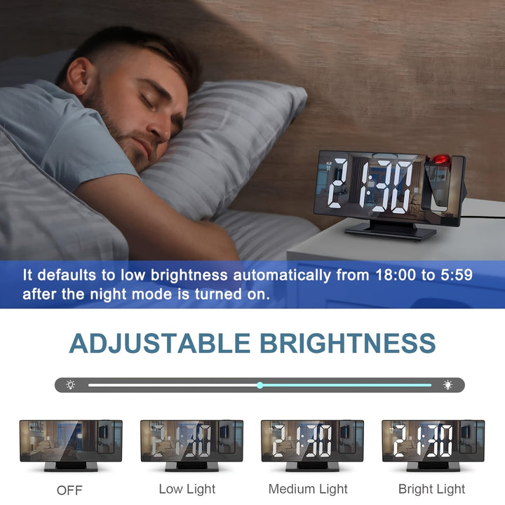 Clear LED projection alarm clock displaying time on ceiling/wall. 180° adjustable for easy viewing.