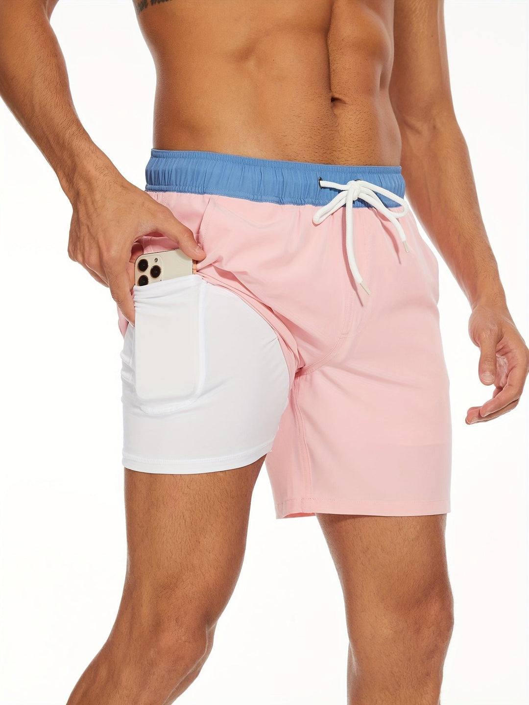 Elastic waist men's quick-dry swim shorts, comfortable for beachwear & summer.