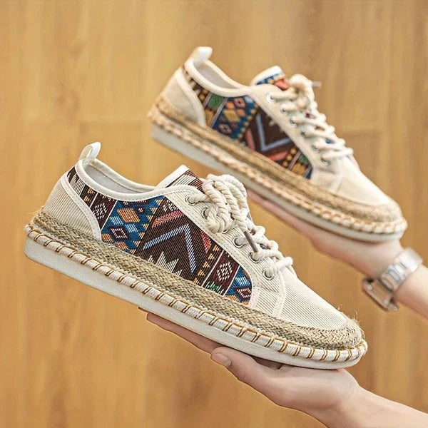 Close-up of men's Aztec print sneakers, showcasing detailed and unique pattern.