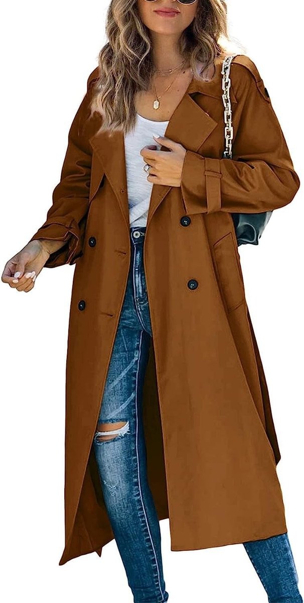 Chic women's oversized trench coat, modern classic double-breasted design & tie belt for versatile style.