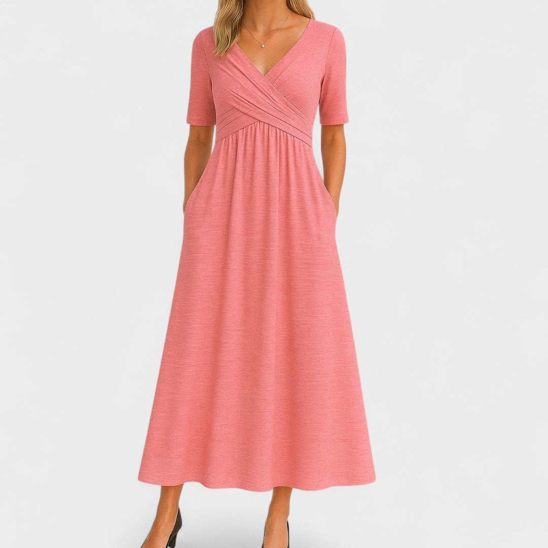 Modern women's V-neck midi dress, elegant & versatile for all occasions. Flattering short sleeve chic design.