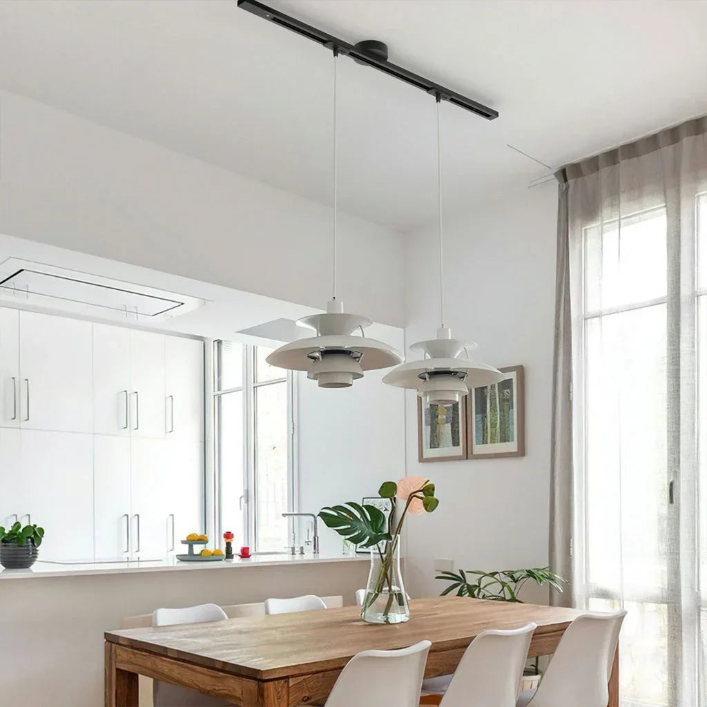 Contemporary black iron pendant light rail. Adjustable lighting for modern home decor.