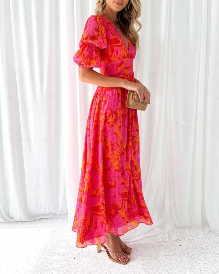 Women's V-Neck Puff Sleeve Maxi Dress