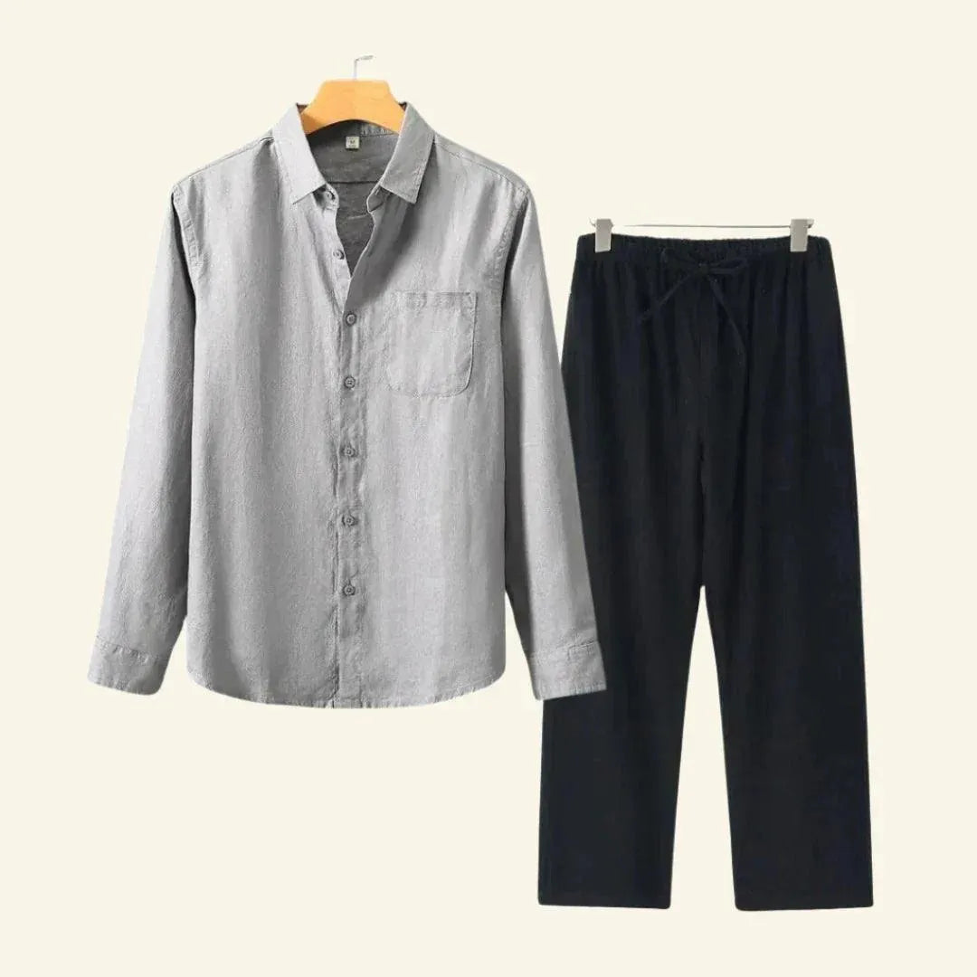 Matching men's two-piece outfit: relaxed fit shirt & trousers co-ord set for comfort and style.