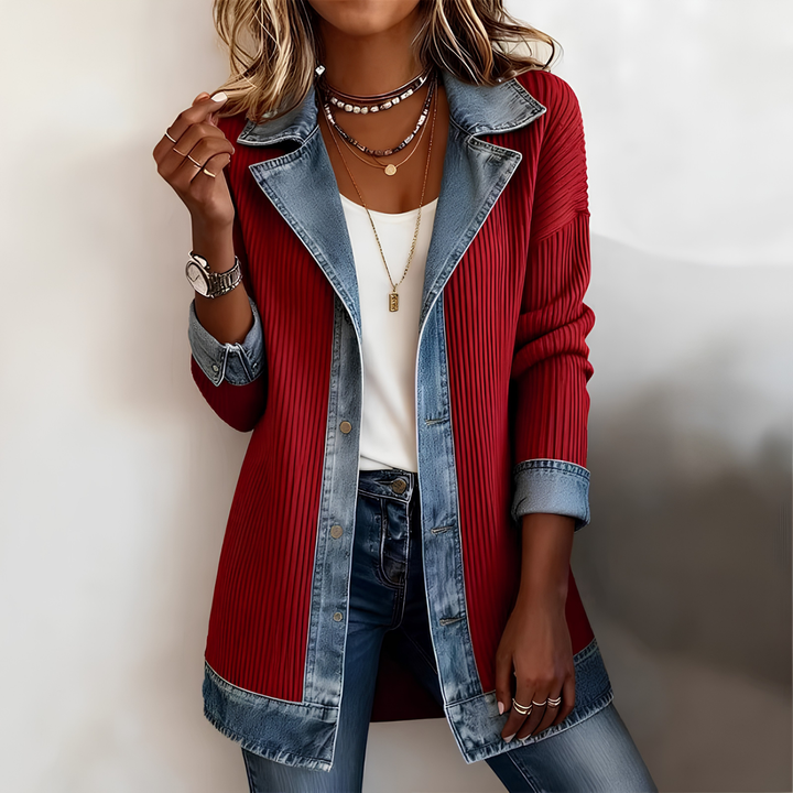 Close-up of button-down front on a women's trendy denim patchwork jacket, ideal long sleeve casual outerwear.