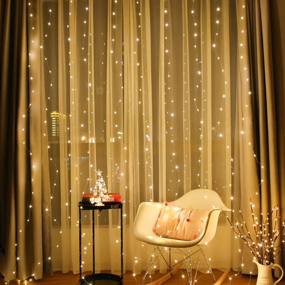 Cozy warm white LED curtain & string lights for enchanting indoor/outdoor ambiance.