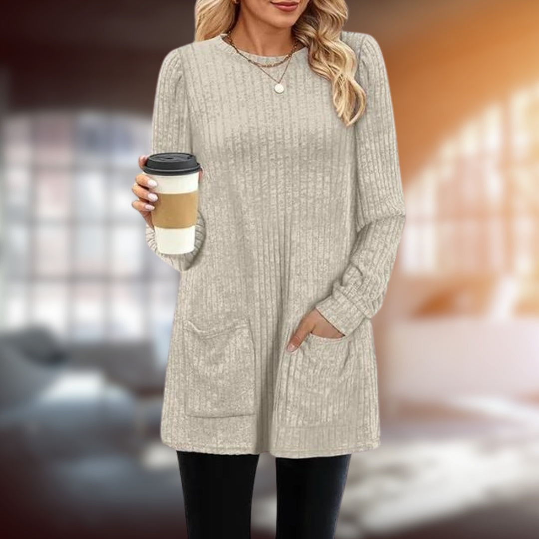 Front view of an elegant women's long sleeve pullover sweater, a chic & comfortable autumn-winter top.