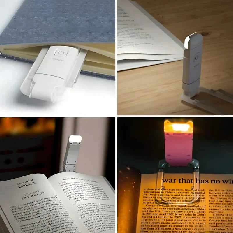 Flexible gooseneck LED reading light, clip-on for hands-free use, rechargeable battery for convenience.