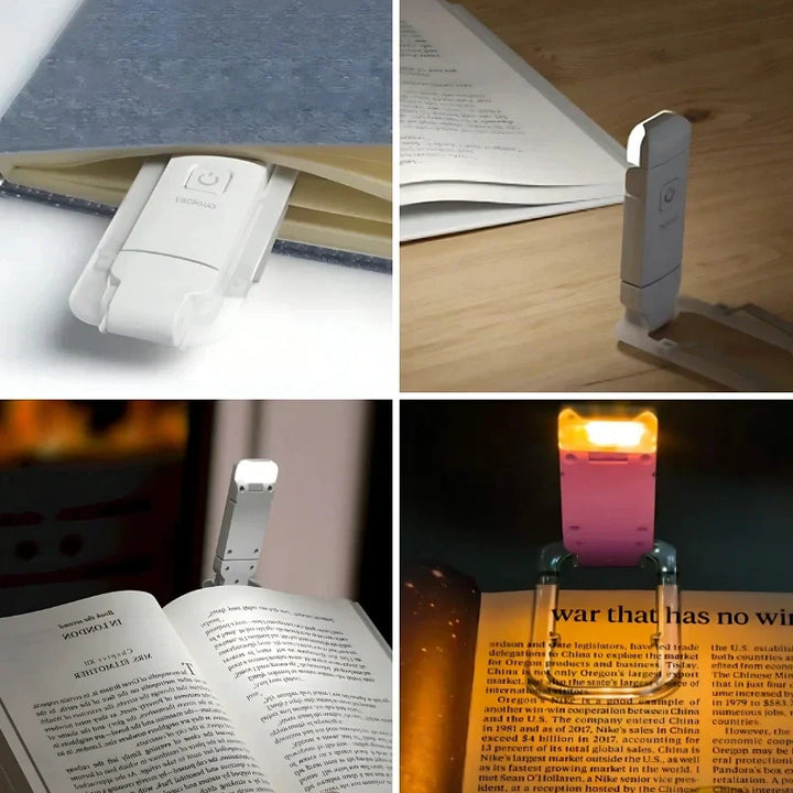Flexible gooseneck LED reading light, clip-on for hands-free use, rechargeable battery for convenience.