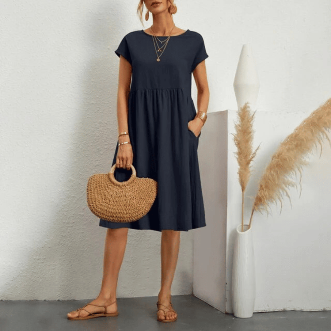 Casual round neck women's dress, featuring tummy control for a smooth and flattering everyday look.