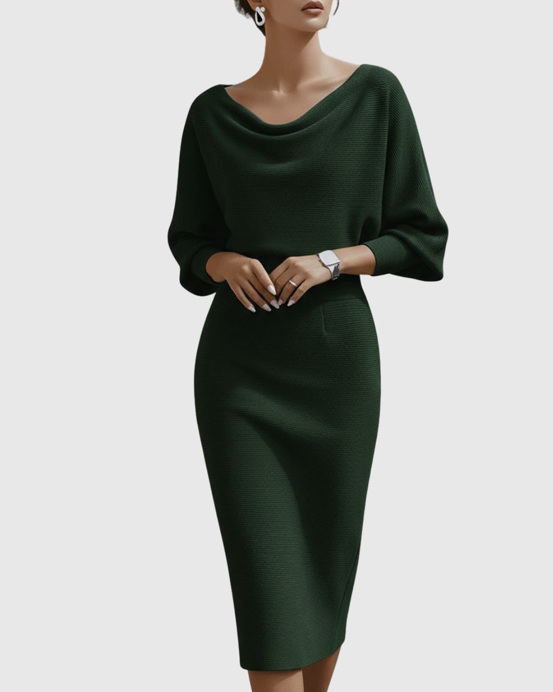 Flattering black occasion wear midi dress, women's style, with cowl neck & batwing sleeves.