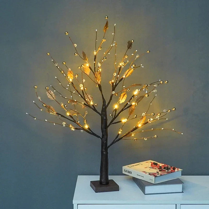 Close-up of glowing red berries on an LED Bonsai Tree Light, adding a festive touch to any room decor.