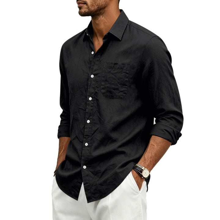 Comfortable men's loose-fit long-sleeve casual shirt with lapel, ideal for relaxed daily wear.