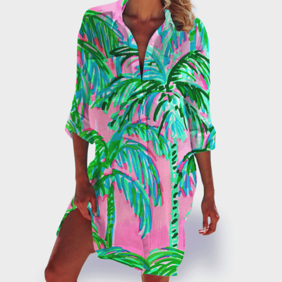 Eye-catching colorful women's summer dress, lightweight & comfortable flowy midi for vacation & casual wear.