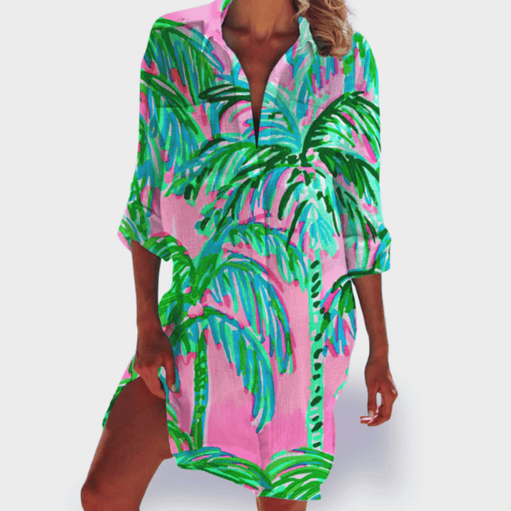 Eye-catching colorful women's summer dress, lightweight & comfortable flowy midi for vacation & casual wear.