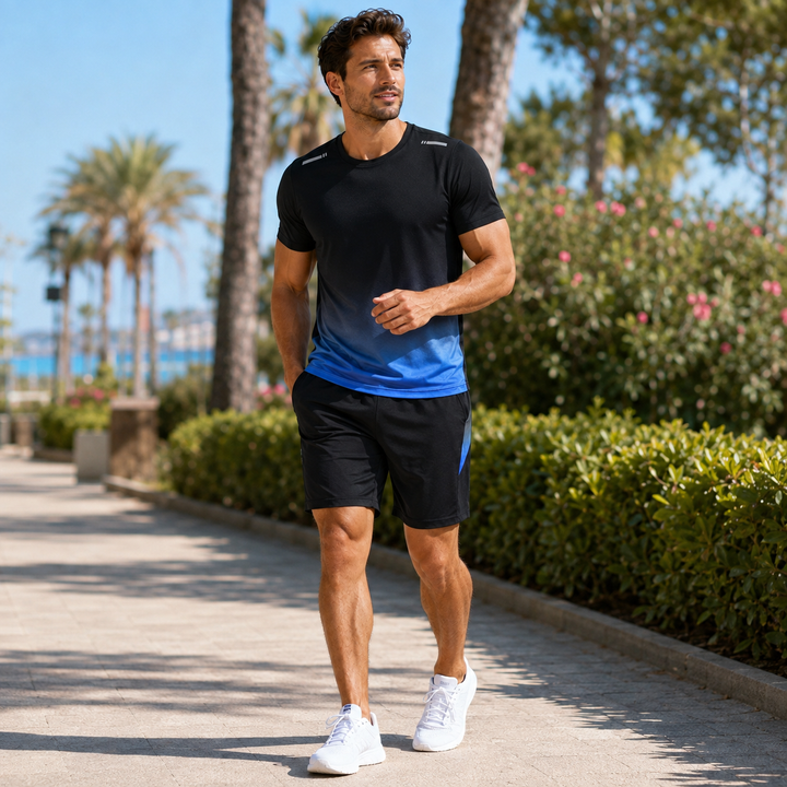 High-performance men's quick-dry athletic t-shirt & gym shorts set for training & fitness.