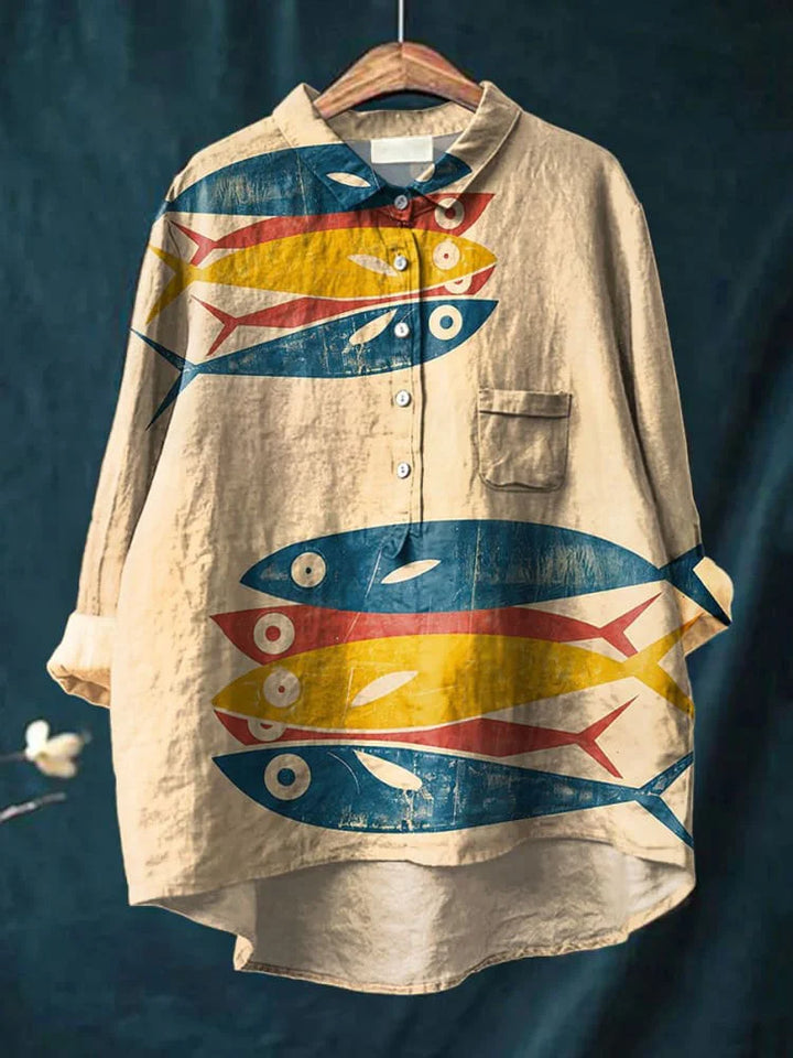 Stylish men's long sleeve casual shirt with a unique fish art pattern, perfect for a vibrant statement.