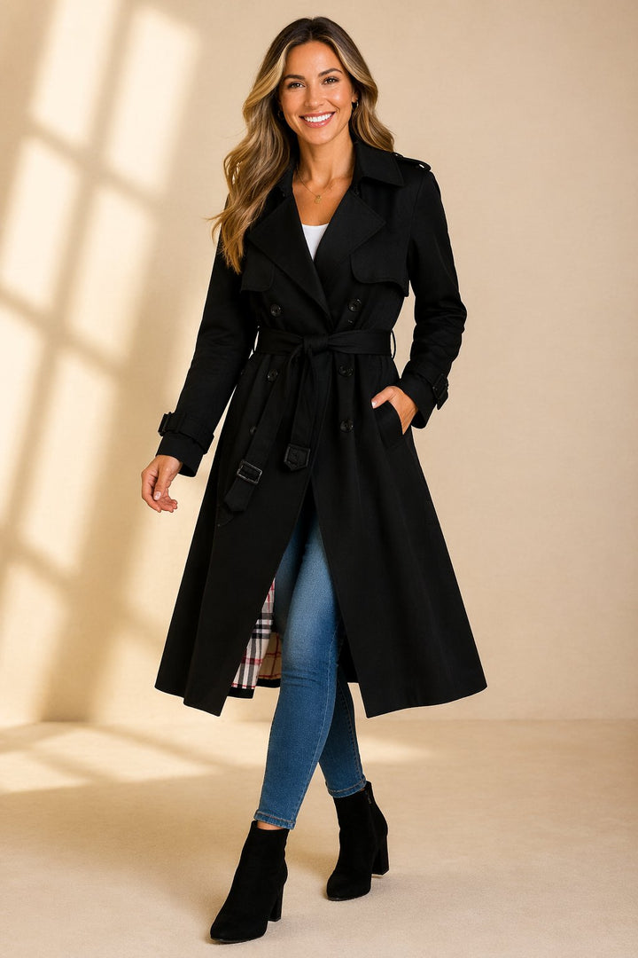 Women's classic long belted trench coat. Sophisticated outerwear for elegant spring and autumn fashion.