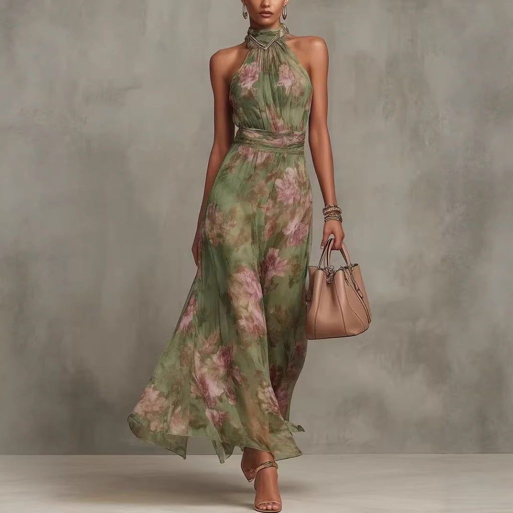 Elegant green waist-cinching maxi dress for women, perfect resort wear or summer vacation outfit. Flattering and stylish.