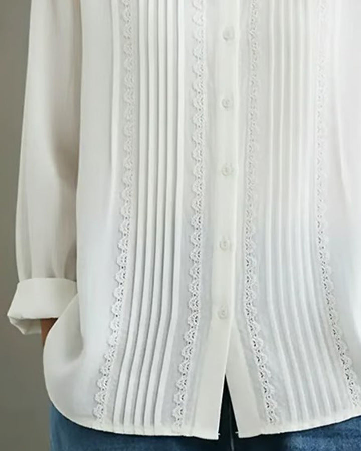 Women's Pintuck Lace Detail Button-Up Blouse