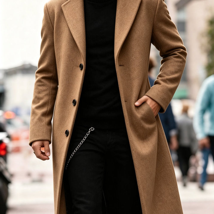 Long men's trench coat, classic tailored design for sophisticated autumn & winter fashion.