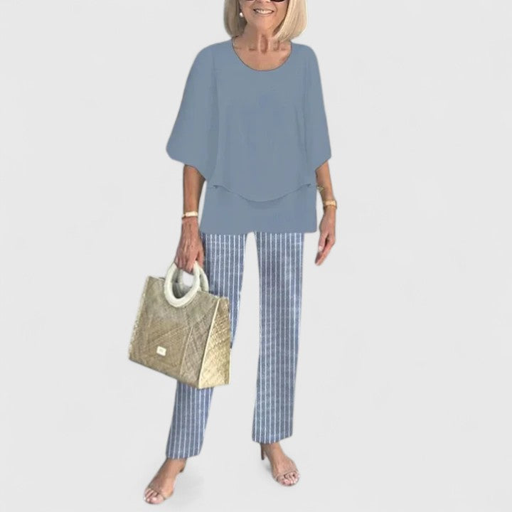 Fashionable women's co-ord set: matching top and trousers. Perfect for a relaxed fit summer style.