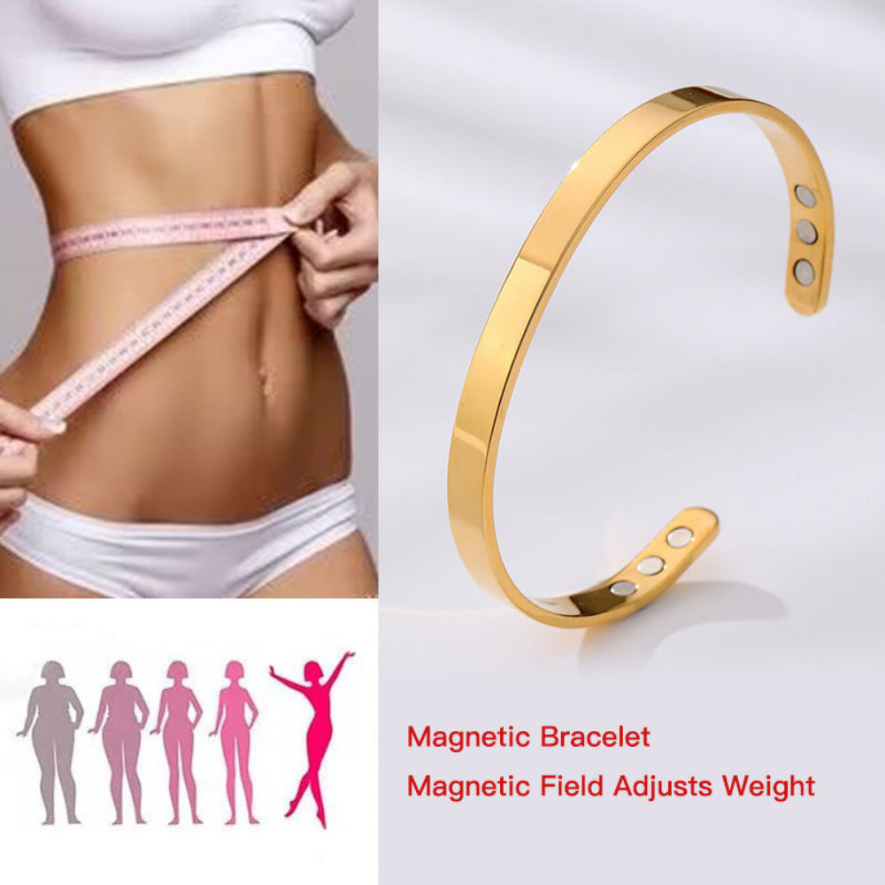 Modern unisex glossy stainless steel magnetic bracelet. Wide cuff design for fashion and wellness.