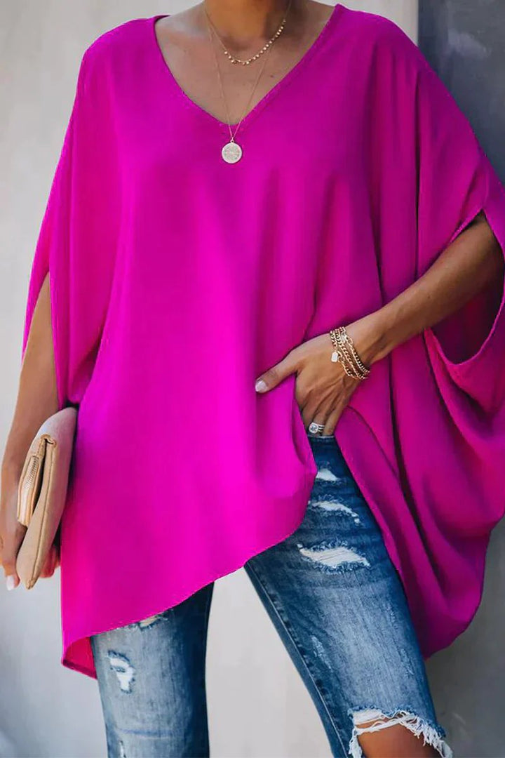 Women's V-neck batwing-sleeve oversized tunic top in pink, ideal for casual, relaxed wear & comfort.