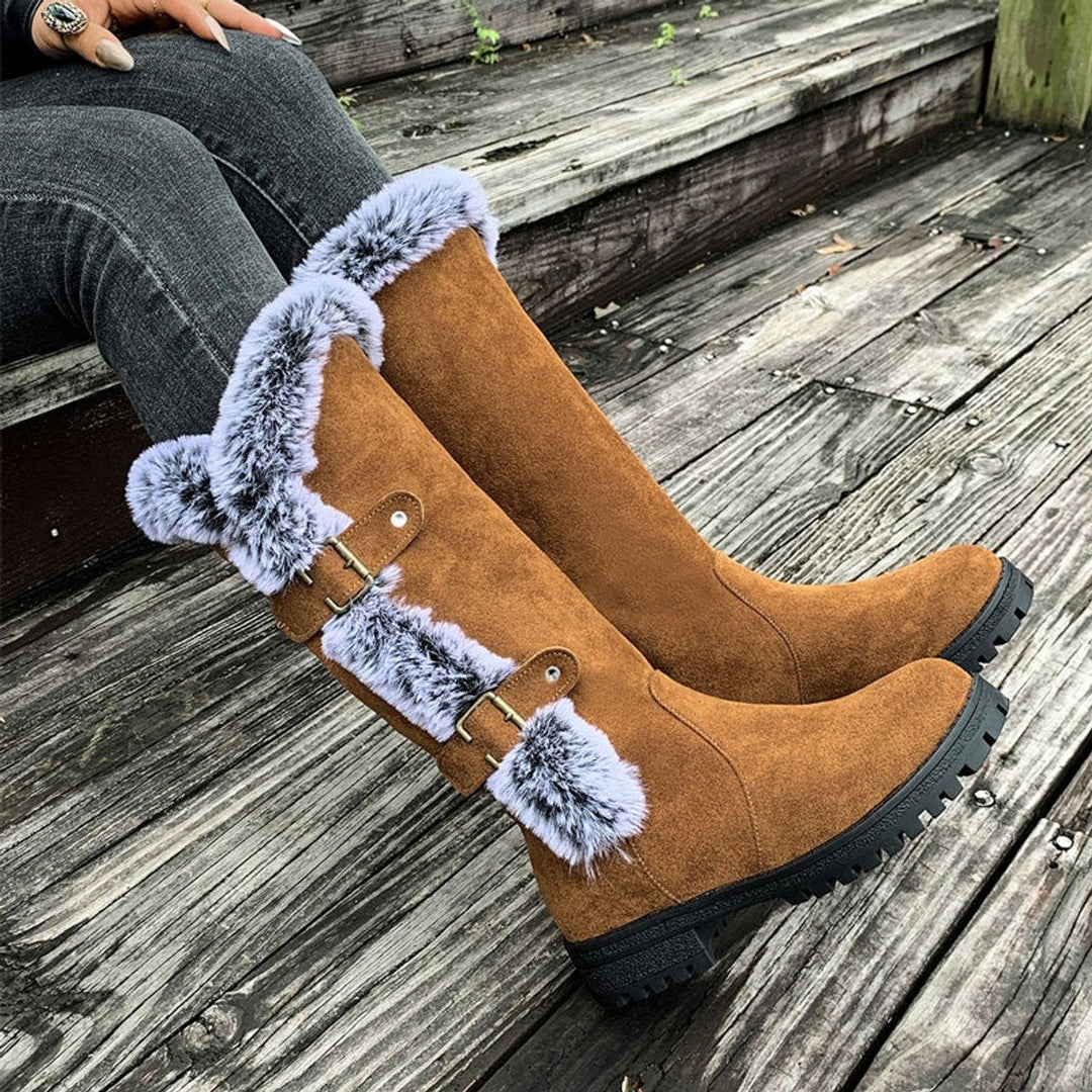 Women's fur-trim buckle knee-high boots for cozy winter fashion, perfect tall boots.
