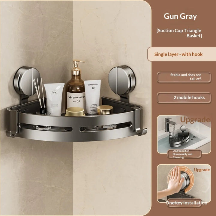 Wall mounted no-drill bathroom shelf for convenient toiletries storage & home organization.