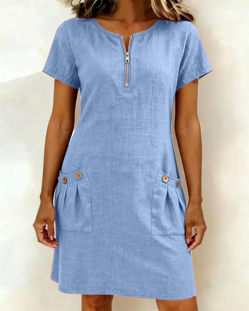 Women's Linen Zip Neck Mini Dress