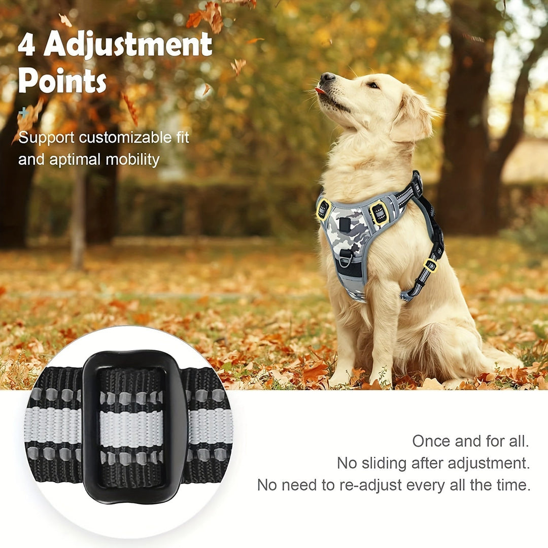 Reflective pet harness designed for no-pull training and comfortable walks.