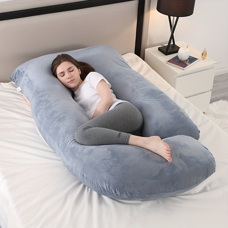 Maternity support pillow for back, hip, and belly relief, enhancing comfort during pregnancy.