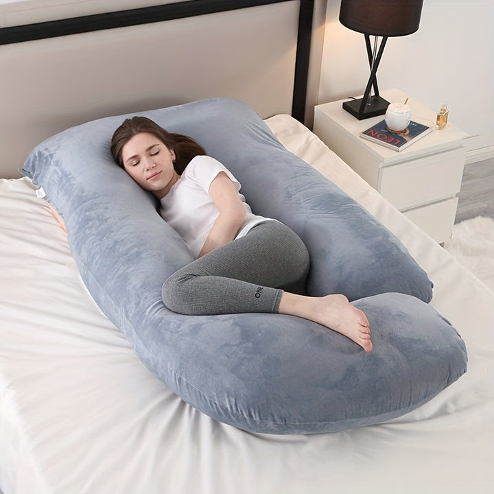 Maternity support pillow for back, hip, and belly relief, enhancing comfort during pregnancy.